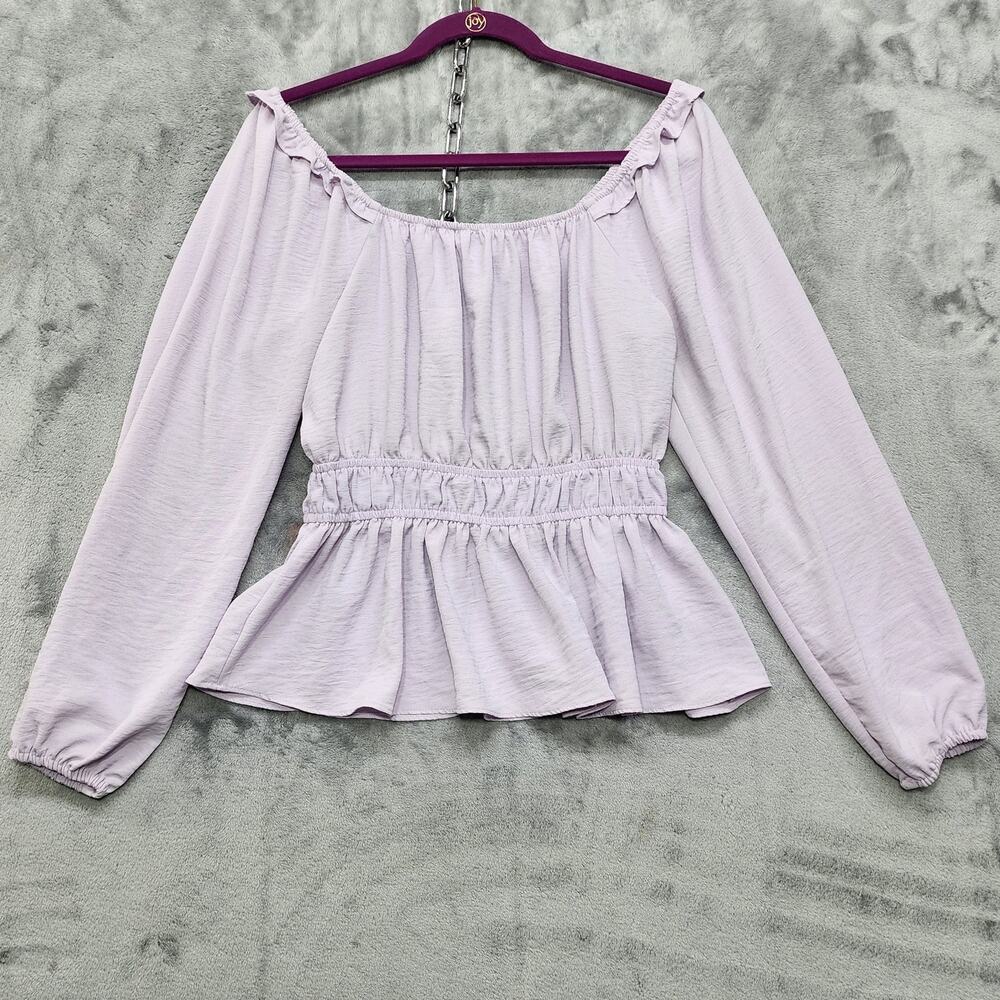 Nine West Top Womens S Purple Squareneck Peplum Blouse Stretch Elastic Cuffs